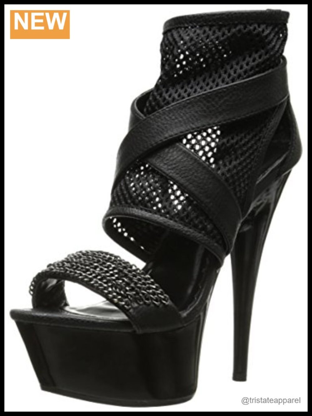 Black Platform Stiletto Bootie with Rhinestones Open Toe 6" Heel